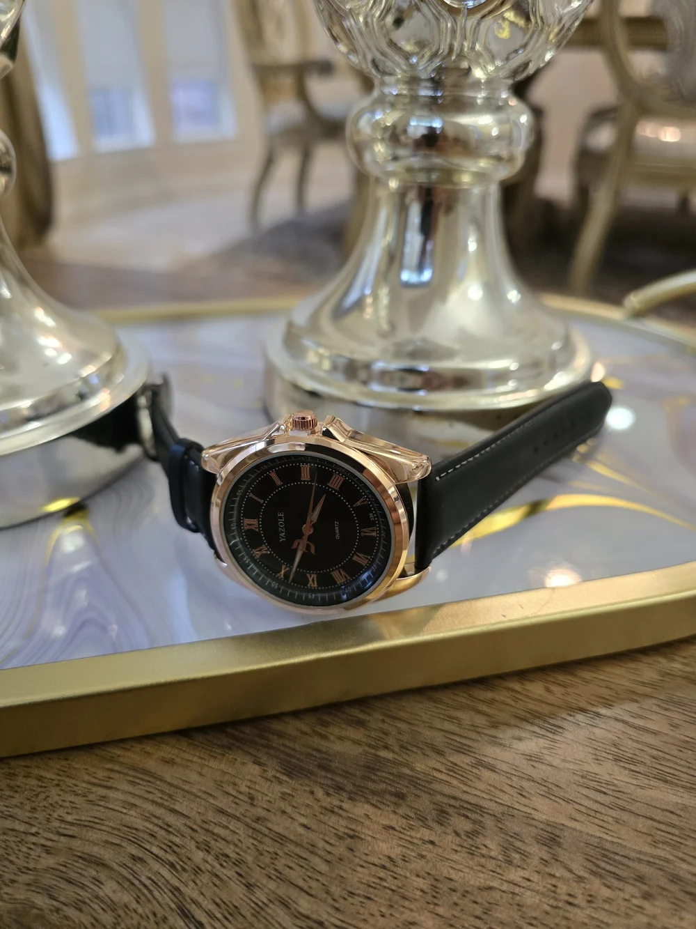 Yazole Men's Black Dial Rose Gold Case Leather Strap Watch
